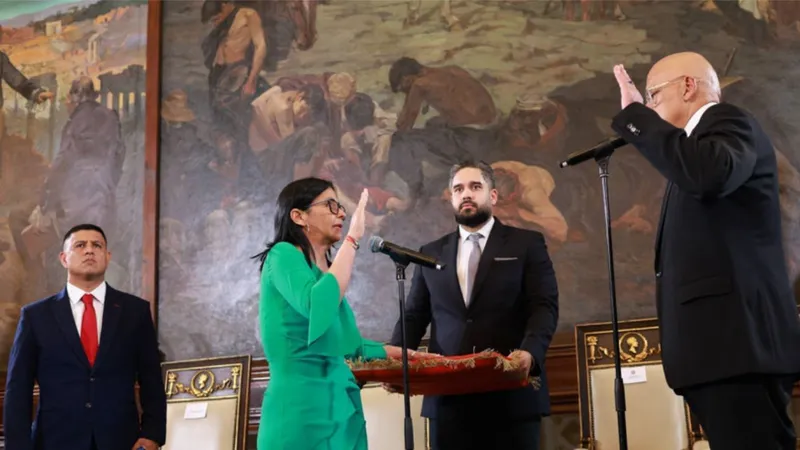 TTXVN: Phó Tổng thống Venezuela Delcy Rodriguez (thứ 2 bên trái) tuyên thệ nhậm chức Tổng thống lâm thời, tại Caracas
