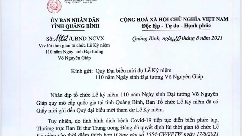 Quảng Bình: Lùi thời gian kỷ niệm 110 năm Ngày sinh Đại tướng Võ Nguyên Giáp