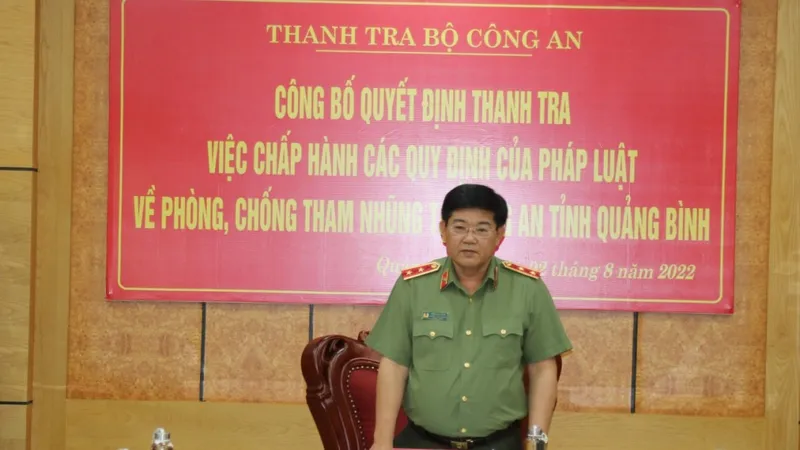 Trung tướng Trần Đức Tuấn, Chánh Thanh tra Bộ Công an phát biểu tại buổi công bố quyết định thanh tra tại Công an tỉnh Quảng Bình