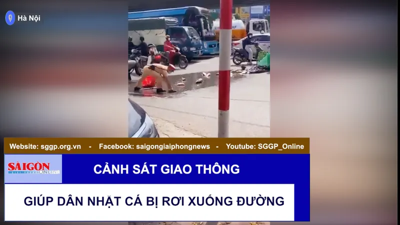 Cảnh sát giao thông giúp dân nhặt cá bị rơi xuống đường