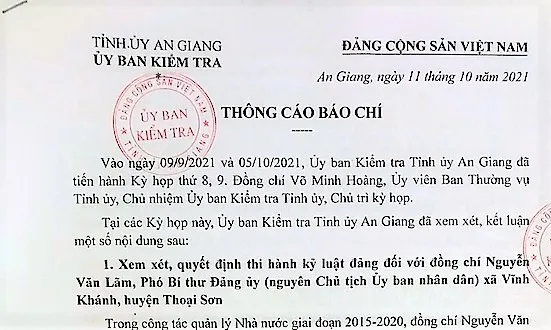 Ủy ban Kiểm tra Tỉnh ủy An Giang thông tin về kỷ luật cán bộ vi phạm 