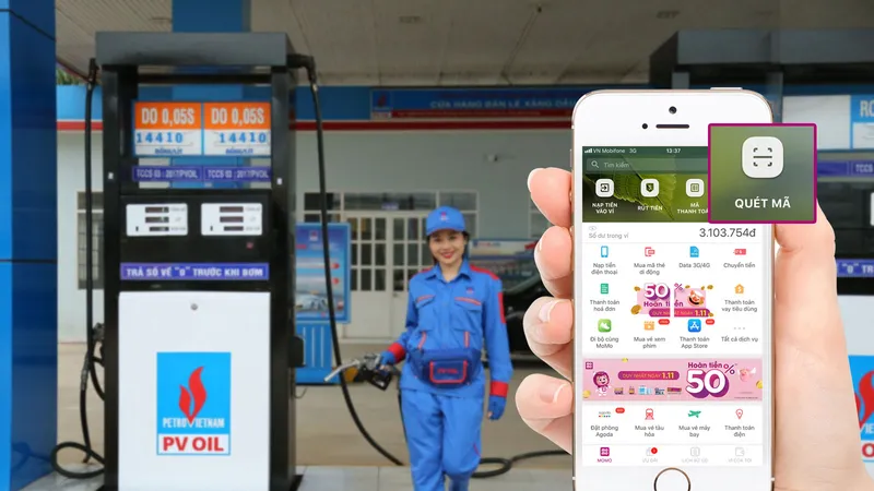 Để thanh toán bằng Ví MoMo, khách hàng sử dụng tính năng “Quét mã” và quét QR Code do nhân viên của PVOIL, COMECO cung cấp