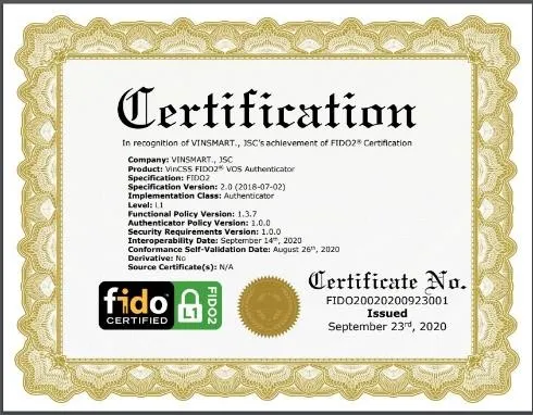 Hệ điều hành VOS trên điện thoại Vsmart đã đạt chứng chỉ FIDO2