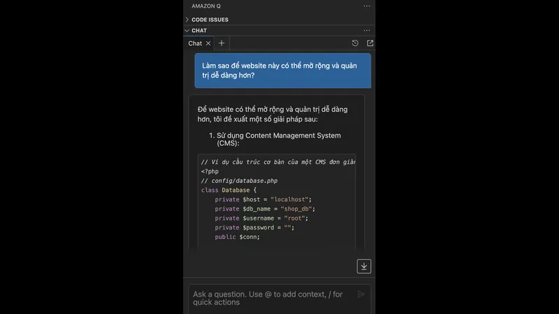 Ngôn ngữ tiếng Việt trên Amazon Q Developer.