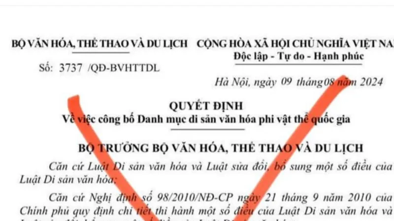 Văn bản giả mạo quyết định của Bộ VH-TT-DL đang lan truyền trên mạng xã hội. 