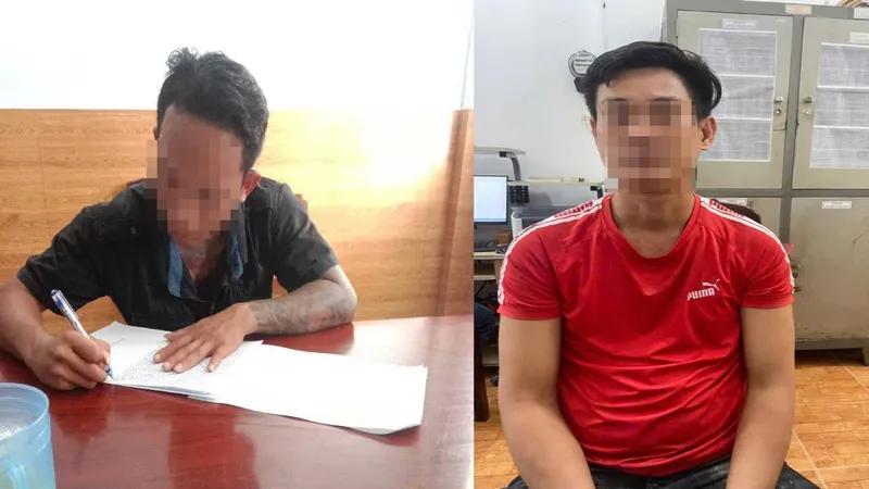 Đối tượng Nguyễn Hoàng Nam và Phạm Ngọc Định đến cơ quan công an xin đầu thú