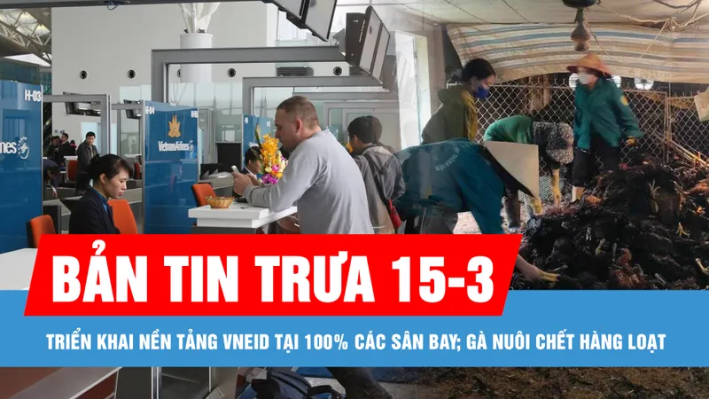Bản tin trưa 15-3: Sẽ triển khai nền tảng VNeID tại 100% các sân bay, bến cảng, cửa khẩu; Hàng ngàn con gà nuôi tại một trang trại bị chết hàng loạt