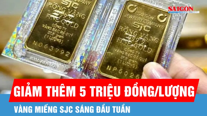 Vàng miếng SJC sáng đầu tuần giảm thêm 5 triệu đồng/lượng