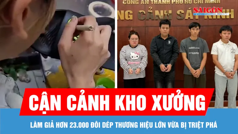 Cận cảnh kho xưởng làm giả hơn 23.000 đôi dép thương hiệu lớn vừa bị triệt phá