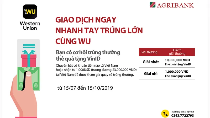 Cùng Agribank “Giao dịch ngay - Nhanh tay trúng lớn cùng western union”