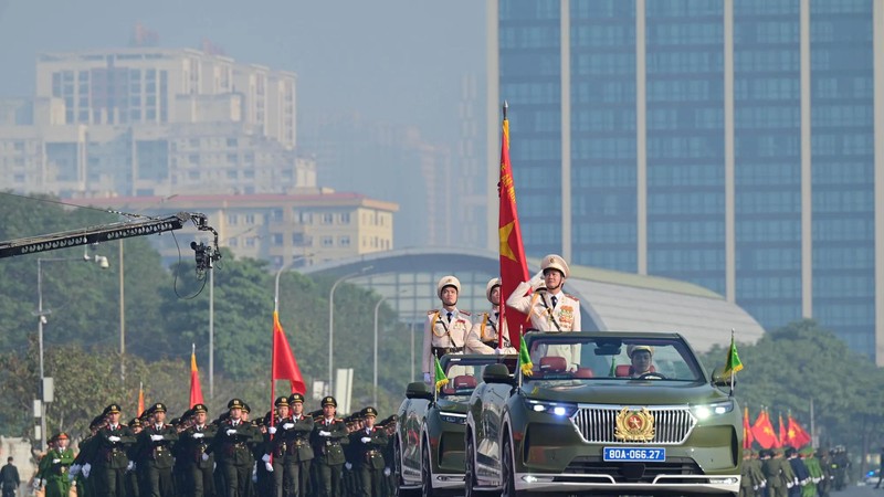 Command vehicles lead security forces during full-scale rehearsal.