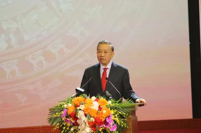 Party General Secretary and State President To Lam speaks at the ceremony marking the 120th birth anniversary of late Party General Secretary Ha Huy Tap (April 24, 1906 – 2026) in Ha Tinh province on April 21, 2026. (Photo: SGGP)