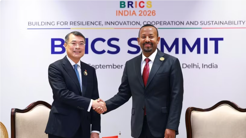 Vietnamese Prime Minister Le Minh Hung (L) meets with his Ethiopian counterpart Abiy Ahmed Ali in New Delhi. (Photo: VNA)