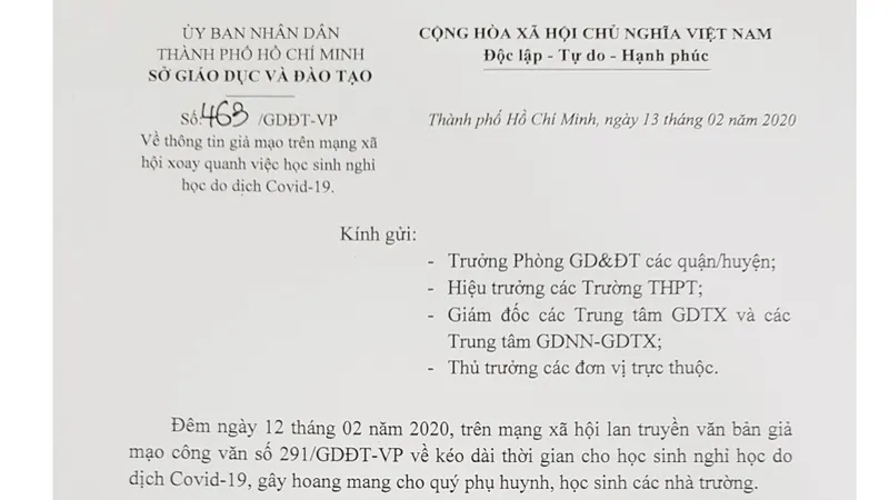 Công an TPHCM vào cuộc điều tra vụ văn bản giả mạo thời gian học sinh đi học lại vì dịch Covid - 19