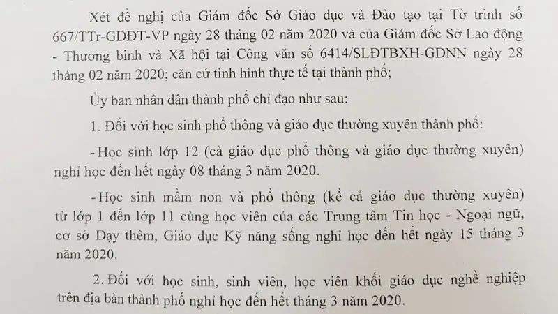 TPHCM: Học sinh nghỉ học đến ngày 15-3, lớp 12 đến ngày 8-3