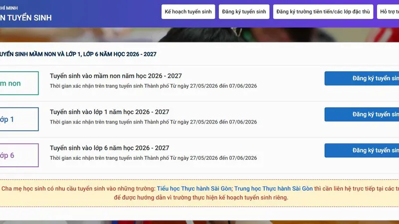 Giao diện cổng đăng ký tuyển sinh đầu cấp năm học 2026-2027 tại TPHCM