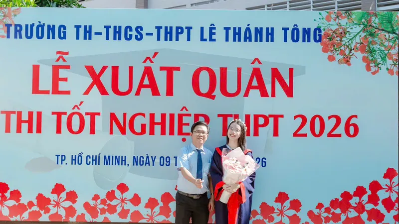 Nguyễn Lê Yến Nhi, học sinh lớp 12 B4, Trường TH-THCS-THPT Lê Thánh Tông tại lễ xuất quân tham dự kỳ thi tốt nghiệp THPT năm 2026. Ảnh: NVCC