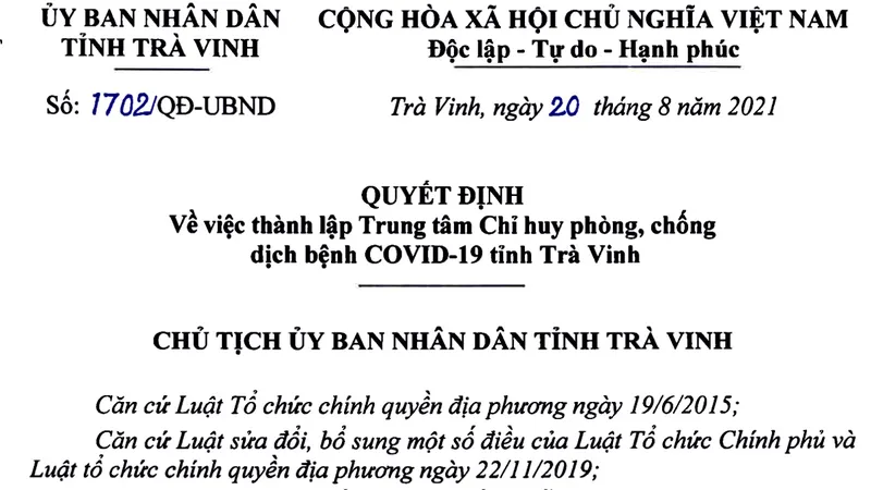 Trà Vinh thành lập Trung tâm Chỉ huy phòng chống dịch Covid-19