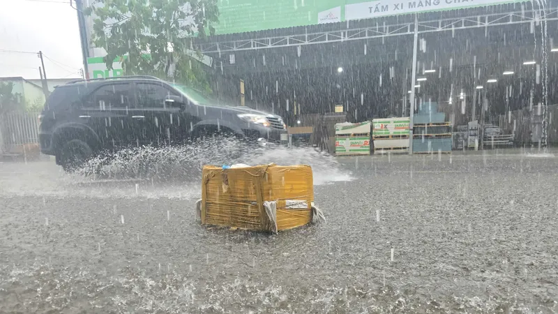 Cơn "mưa vàng" làm ngập tuyến đường quốc lộ 57 đi qua các huyện Mỏ Cày Bắc, Chợ Lách....(tỉnh Bến Tre)