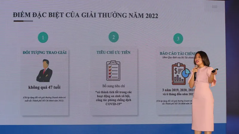 Phó Chủ tịch Hội Doanh nhân trẻ TPHCM Trương Lý Hoàng Phi giới thiệu về tiêu chí xét chọn giải thưởng năm nay