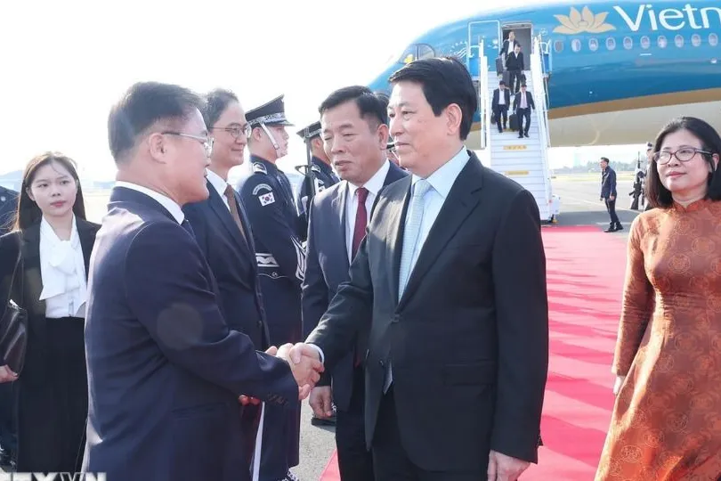 Đại biểu Hàn Quốc đón Chủ tịch nước Lương Cường tại sân bay quân sự Gimhae ở thành phố Busan (Hàn Quốc). Ảnh: TTXVN