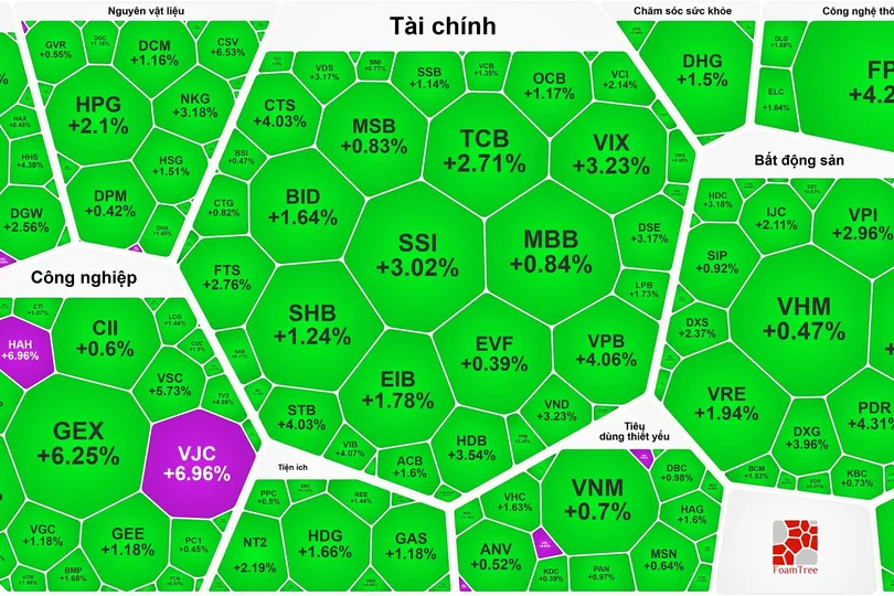 Đóng cửa phiên giao dịch, VN-Index tăng 27,96 điểm (1,69%)