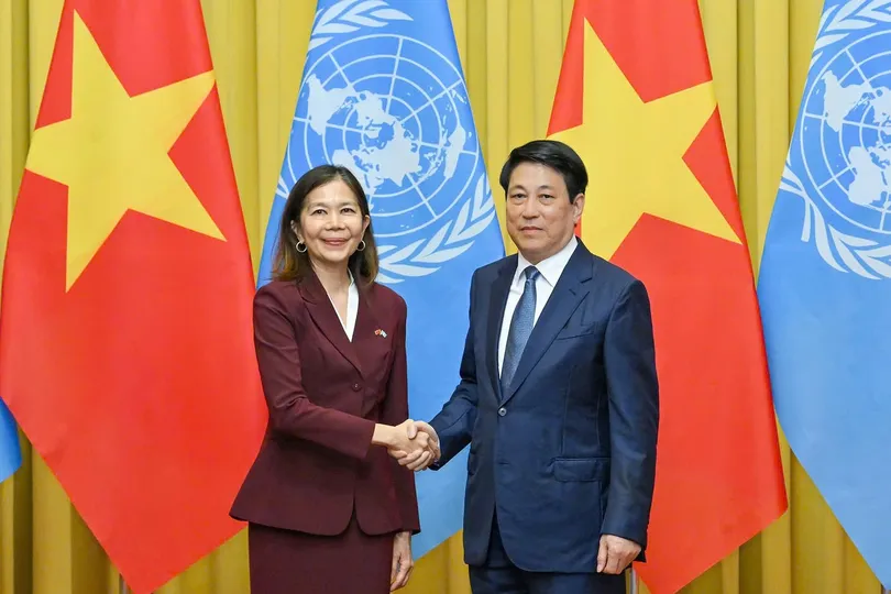 Chủ tịch nước Lương Cường tiếp bà Pauline Tamesis, Điều phối viên thường trú và các Trưởng đại diện các tổ chức của Liên hợp quốc tại Việt Nam, chiều 18-9. Ảnh: VIẾT CHUNG