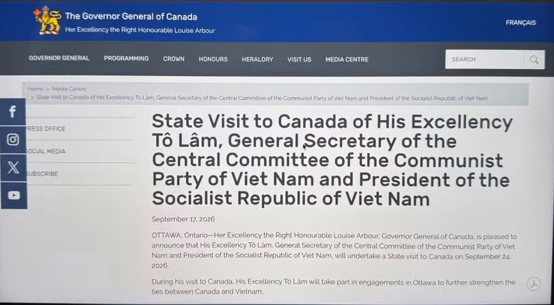 加拿大总督府日前发布公告重申，越南是加拿大在印度洋—太平洋地区的重要伙伴。屏幕截图