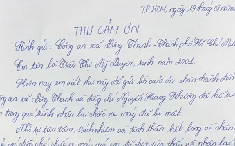Cô gái viết thư cảm ơn Công an xã Đông Thạnh