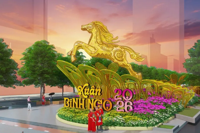 Bản phối cảnh ở cổng mở Đường hoa Nguyễn Huệ Tết Bính Ngọ 2026.
