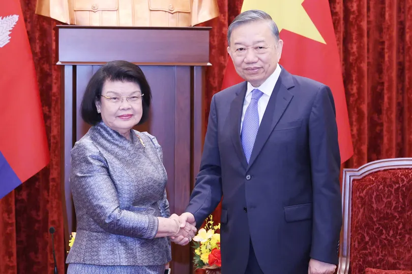 Tổng Bí thư, Chủ tịch nước Tô Lâm tiếp Chủ tịch Quốc hội Campuchia Samdech Khuon Sudary, ngày 28-7. Ảnh: QUANG PHÚC