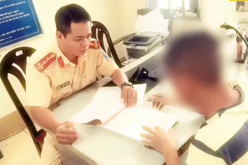 Lực lượng CSGT Công an TP Đồng Nai lập biên bản xử phạt tài xế ô tô tải cố tình vượt đường ngang với sắt gây nguy hiểm. Ảnh: CSGT TPĐN