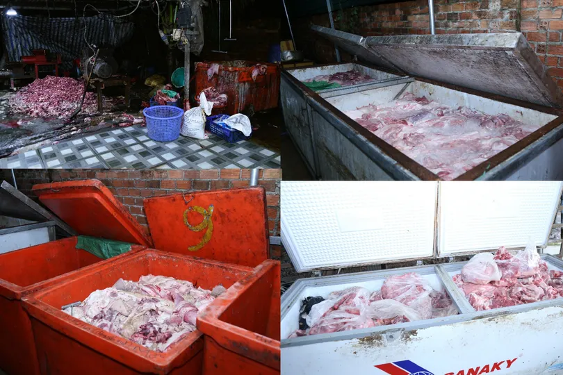 Tang vật trong vụ án đường dây thu mua, giết mổ, tiêu thụ heo bệnh, heo chết. Ảnh: CA TPĐN