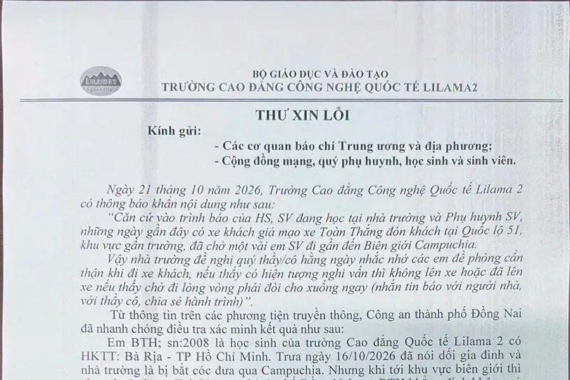 Thư xin lỗi của Trường Cao đẳng Công nghệ quốc tế Lilama 2