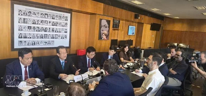 党中央委员、中央内政部副部长黎鸿光与巴西劳动党领导举行工作会谈。图自越通社