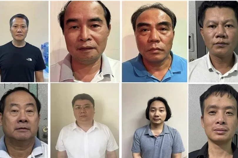 Cựu Tổng giám đốc Bùi Thanh Bình (hàng trên, bìa trái) và một số bị can trong vụ án. Ảnh: BỘ CÔNG AN