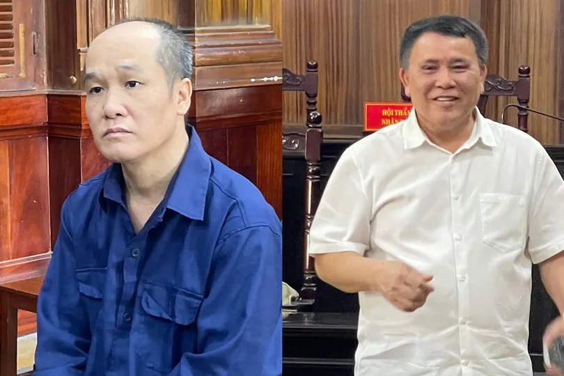 Bị cáo Ngô Xuân Trường (trái) và Lưu Quang Lãm tại phiên xét xử sơ thẩm năm 2025