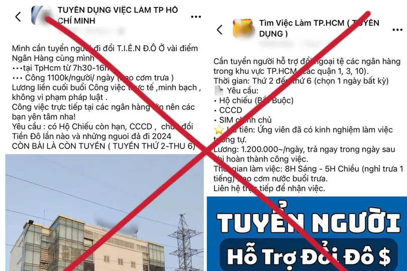 Hàng loạt các bài đăng tuyển dụng người đứng tên đổi tiền Việt sang USD, mỗi ngày nhận công hơn 1 triệu đồng. Ảnh: B.A