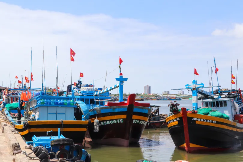 Tàu cá ngư dân xã Long Hải (TPHCM) cập cảng cá Hưng Thái. Ảnh: THÀNH HUY