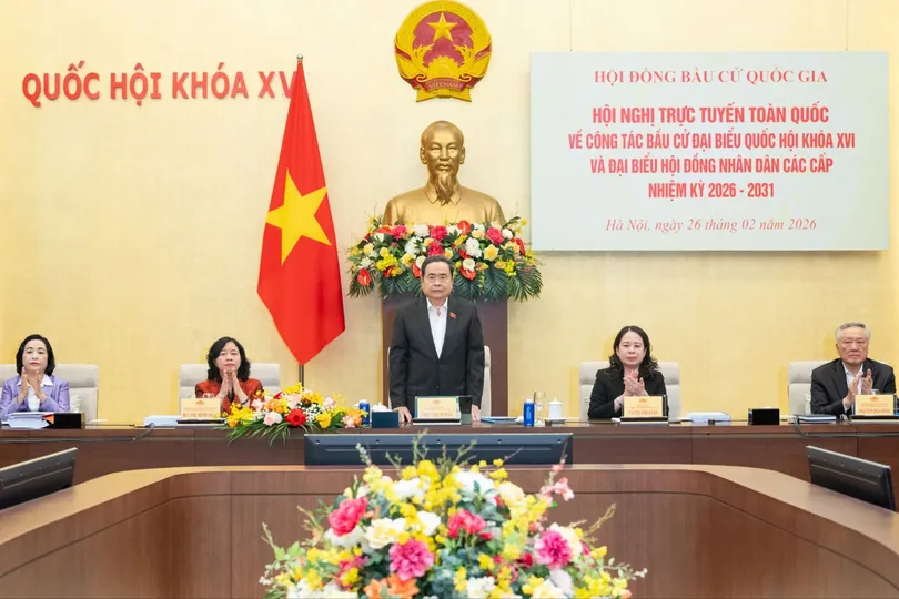 Chủ tịch Quốc hội Trần Thanh Mẫn chủ trì Hội nghị trực tuyến toàn quốc triển khai công tác bầu cử. Ảnh: QUANG PHÚC 