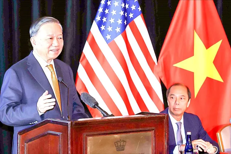 Tổng Bí thư, Chủ tịch nước Tô Lâm phát biểu tại buổi gặp gỡ chuyên gia, trí thức người Việt Nam tại Hoa Kỳ. Ảnh: TTXVN