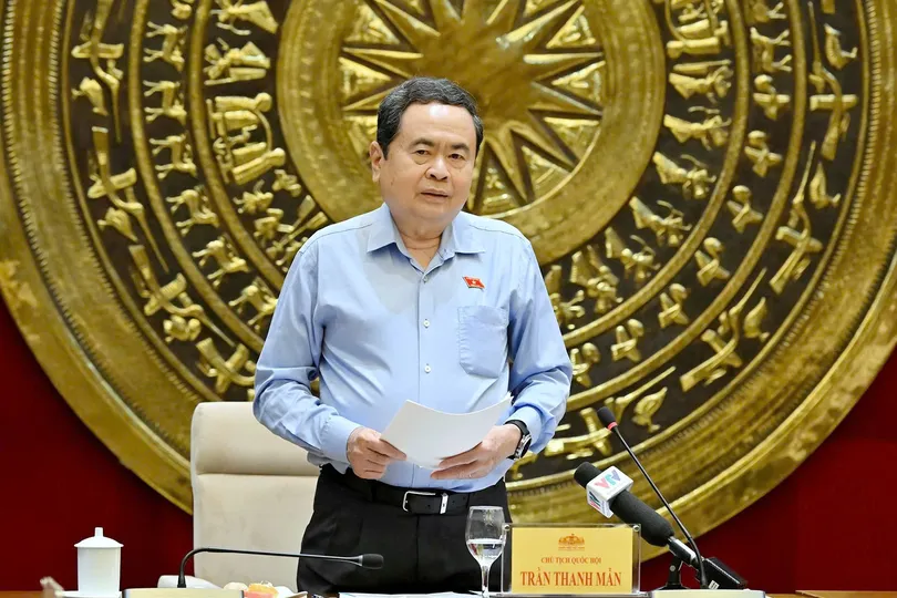 Chủ tịch Quốc hội Trần Thanh Mẫn phát biểu tại cuộc làm việc với Thường trực Hội đồng Dân tộc. Ảnh: VIẾT CHUNG