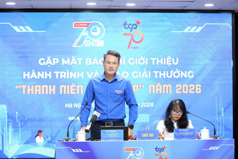 Anh Nguyễn Kim Quy, Bí thư Trung ương Đoàn, Phó Chủ tịch Thường trực Trung ương Hội Liên hiệp Thanh niên Việt Nam, phát biểu tại họp báo. Ảnh: THANH HẢI