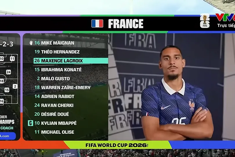 Lacroix trong đội hình xuất phát của tuyển Pháp ở trận tranh Hạng 3 World Cup 2026