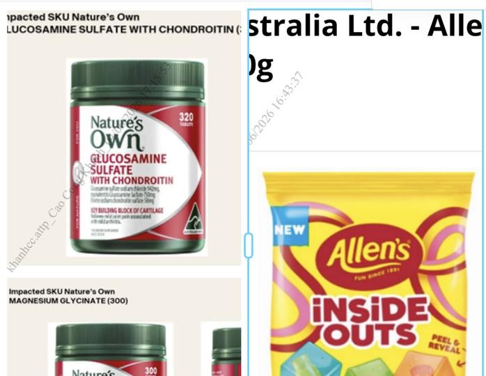 因存在安全隐患而被警告召回的Nature’s Own产品和Allen’s INSIDE OUTS糖果。图：VFA