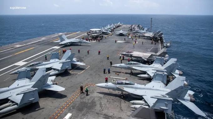 美国中央司令部（CENTCOM）公布“乔治·华盛顿”号航母抵达中东替换“亚伯拉罕·林肯”号的图片。图：美国中央司令部