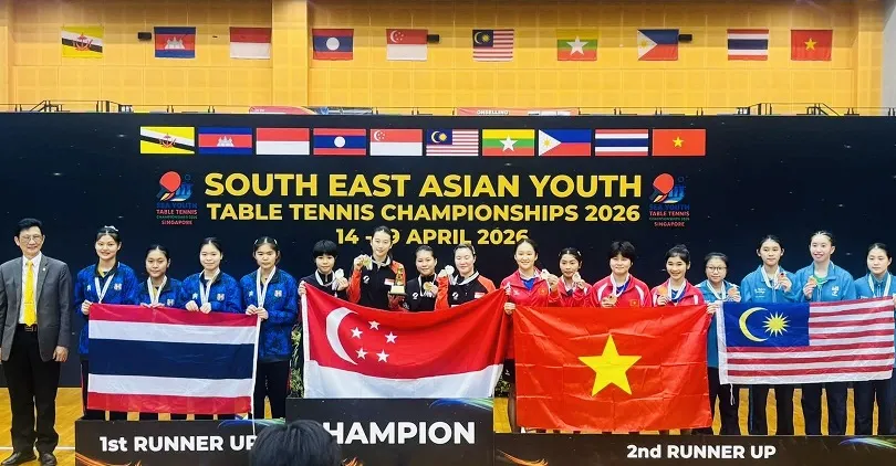 Bóng bàn trẻ Việt Nam giành tấm HCĐ nội dung đồng đội nữ U19 tại giải đấu. Ảnh: SEATABLETENNIS
