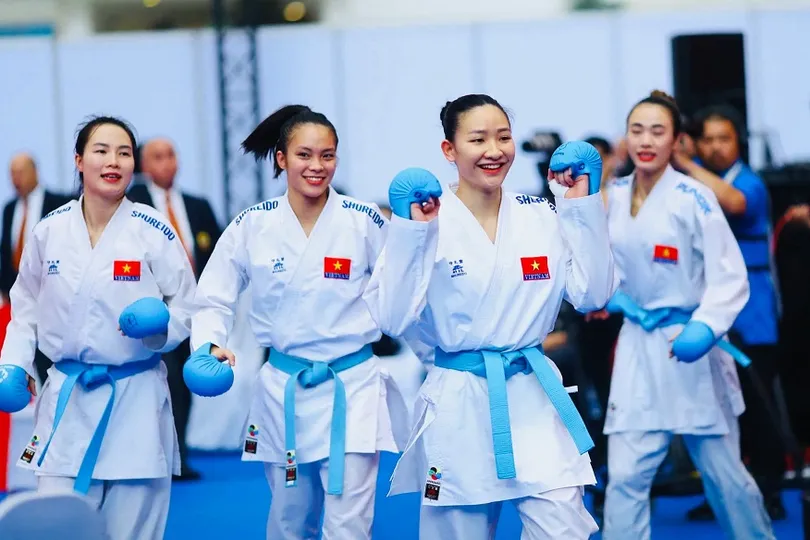 Hoàng Thị Mỹ Tâm (giữa) là gương mặt quan trọng của karate Việt Nam sẽ dự giải vô địch châu Á 2026. Ảnh: DP