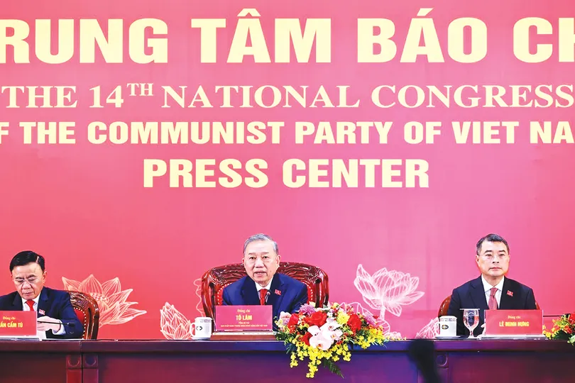 Tổng Bí thư Tô Lâm chủ trì họp báo công bố kết quả Đại hội XIV của Đảng. Ảnh: TTXVN