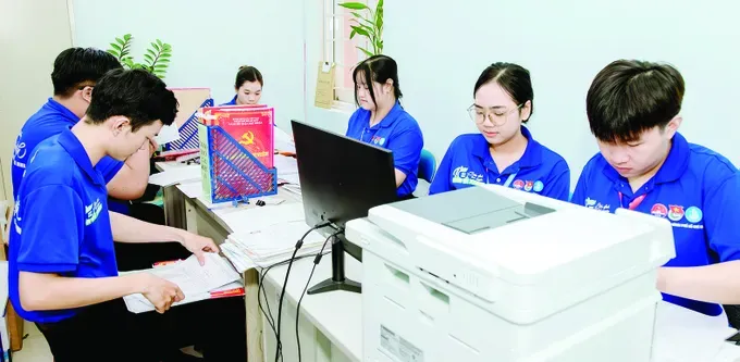Volunteers from the “Apprentices Serving the People” squad are actively assisting with data entry and document arrangement tasks in Cau Kieu Ward (Photo: SGGP)